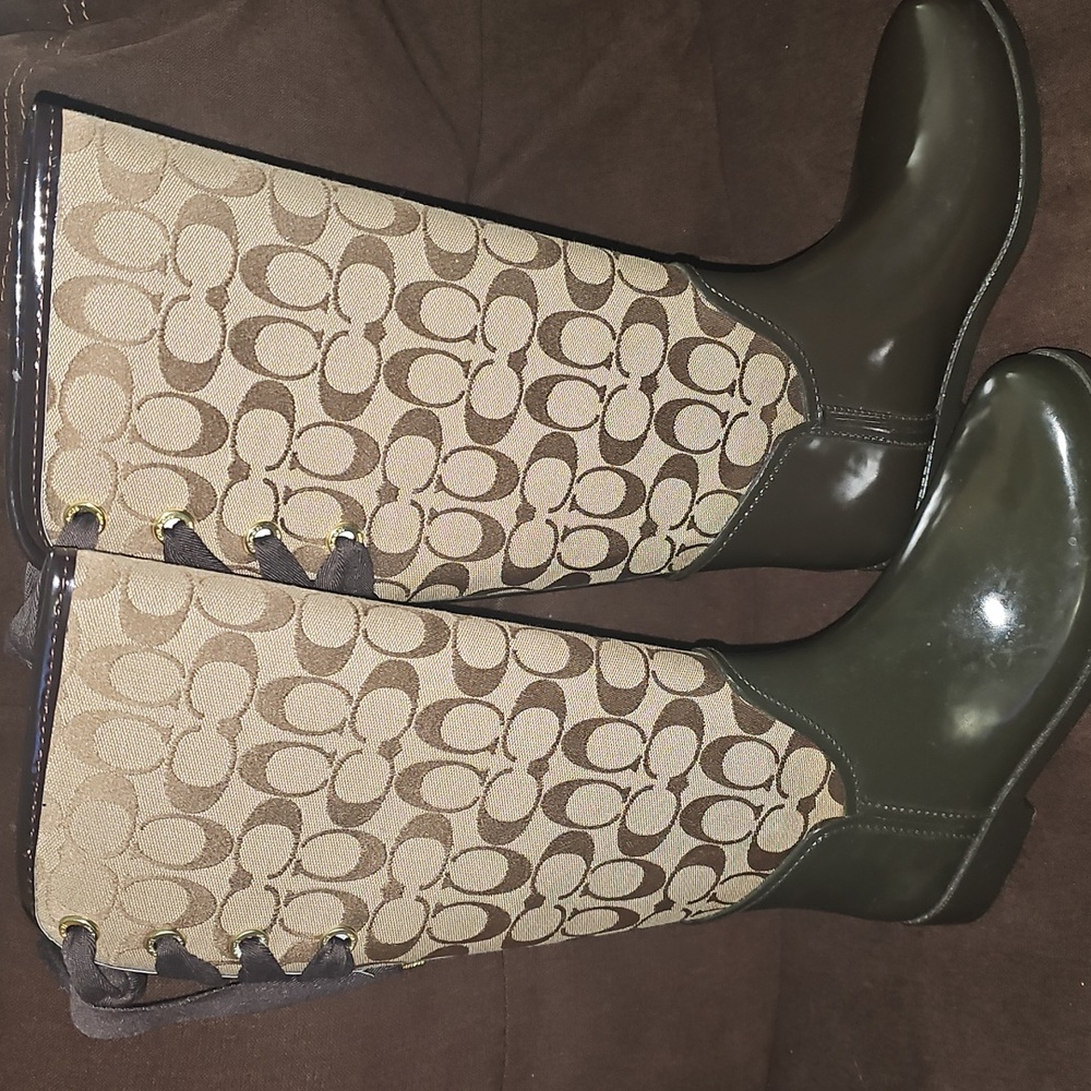 COACH Tristee Waterproof Rain Boots Lace Corset Monogram Logo Tall Brown 8  NEW